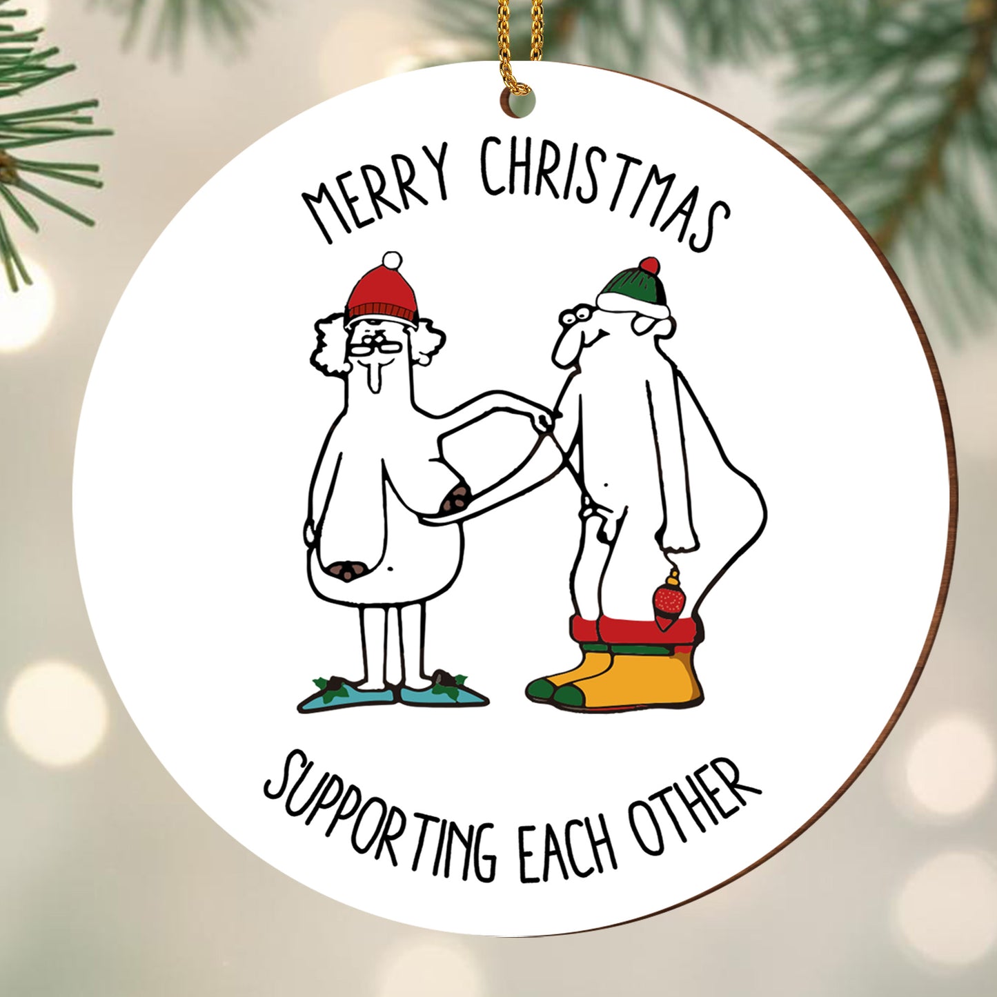 Merry Christmas Supporting Each Other With Santa Hats And Stockings