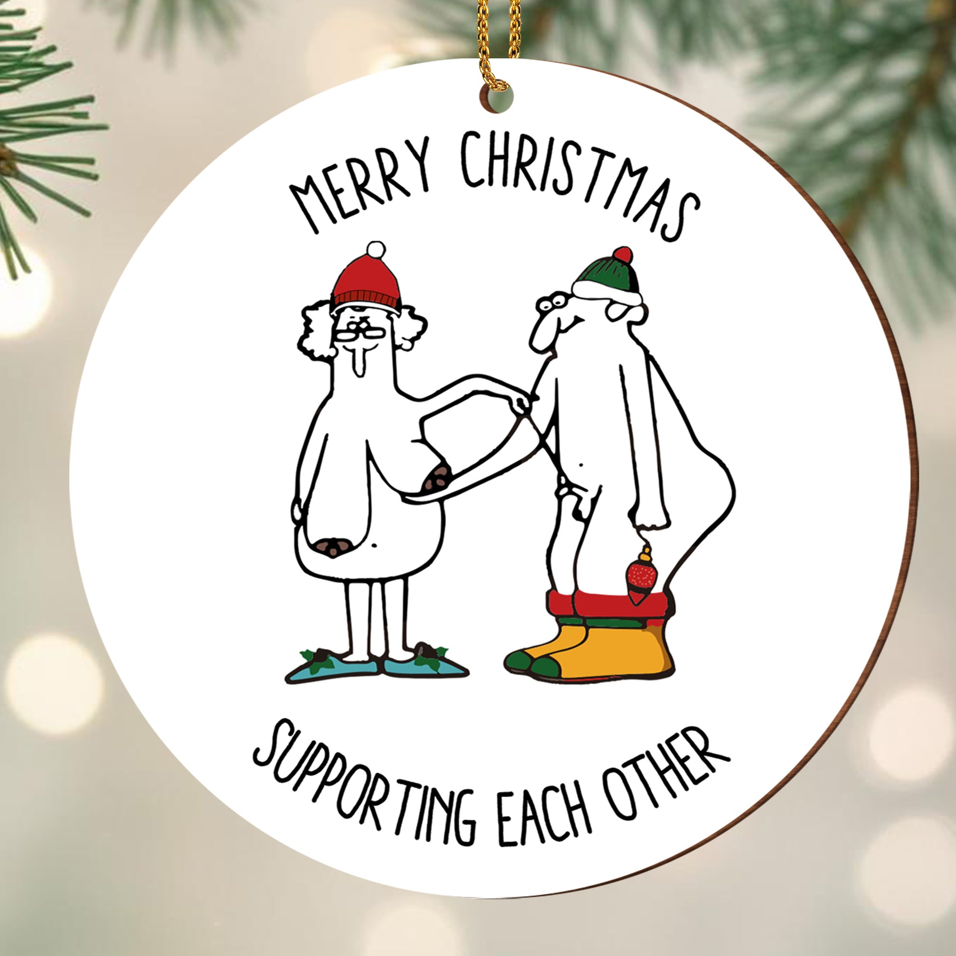 Merry Christmas Supporting Each Other With Santa Hats And Stockings