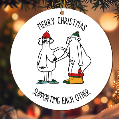 Merry Christmas Supporting Each Other With Santa Hats And Stockings