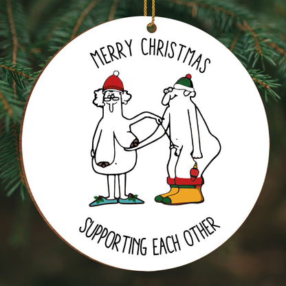 Merry Christmas Supporting Each Other With Santa Hats And Stockings