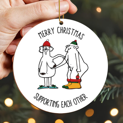 Merry Christmas Supporting Each Other With Santa Hats And Stockings