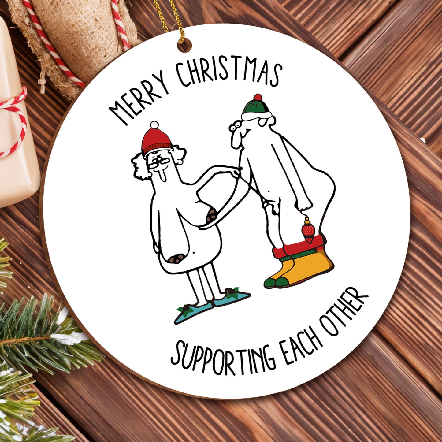 Merry Christmas Supporting Each Other With Santa Hats And Stockings