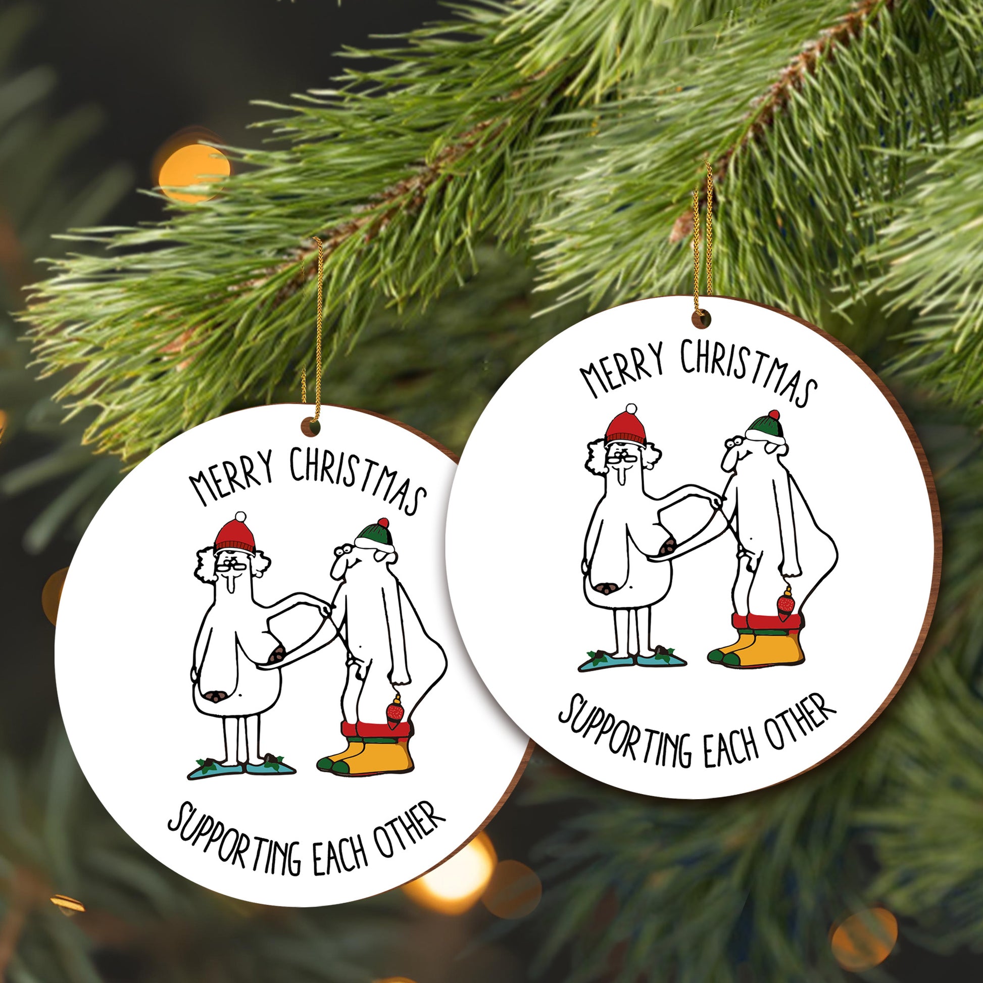 Merry Christmas Supporting Each Other With Santa Hats And Stockings