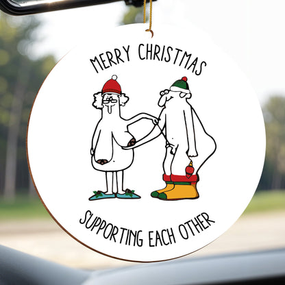 Merry Christmas Supporting Each Other With Santa Hats And Stockings