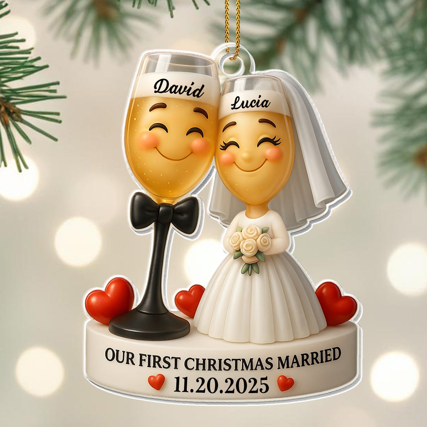 Our First Christmas Married, Wedding Couple With Hearts