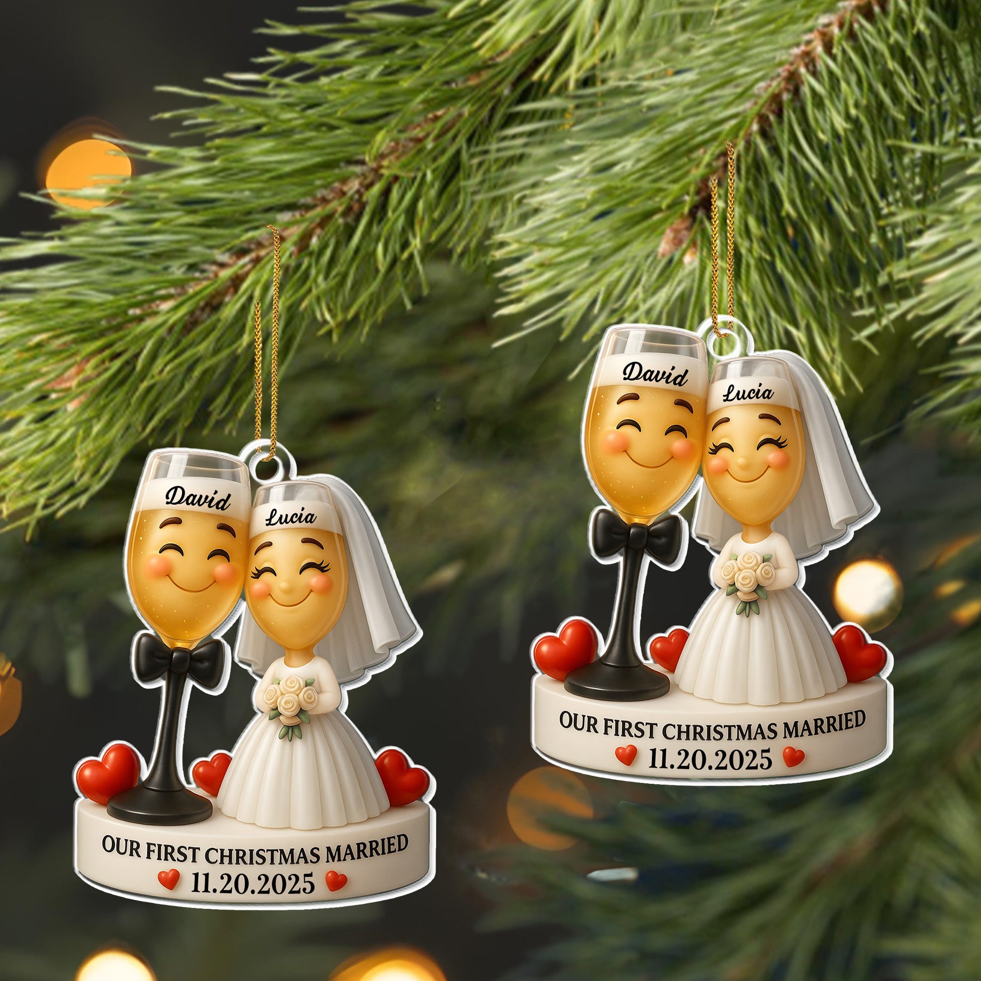 Our First Christmas Married, Wedding Couple With Hearts