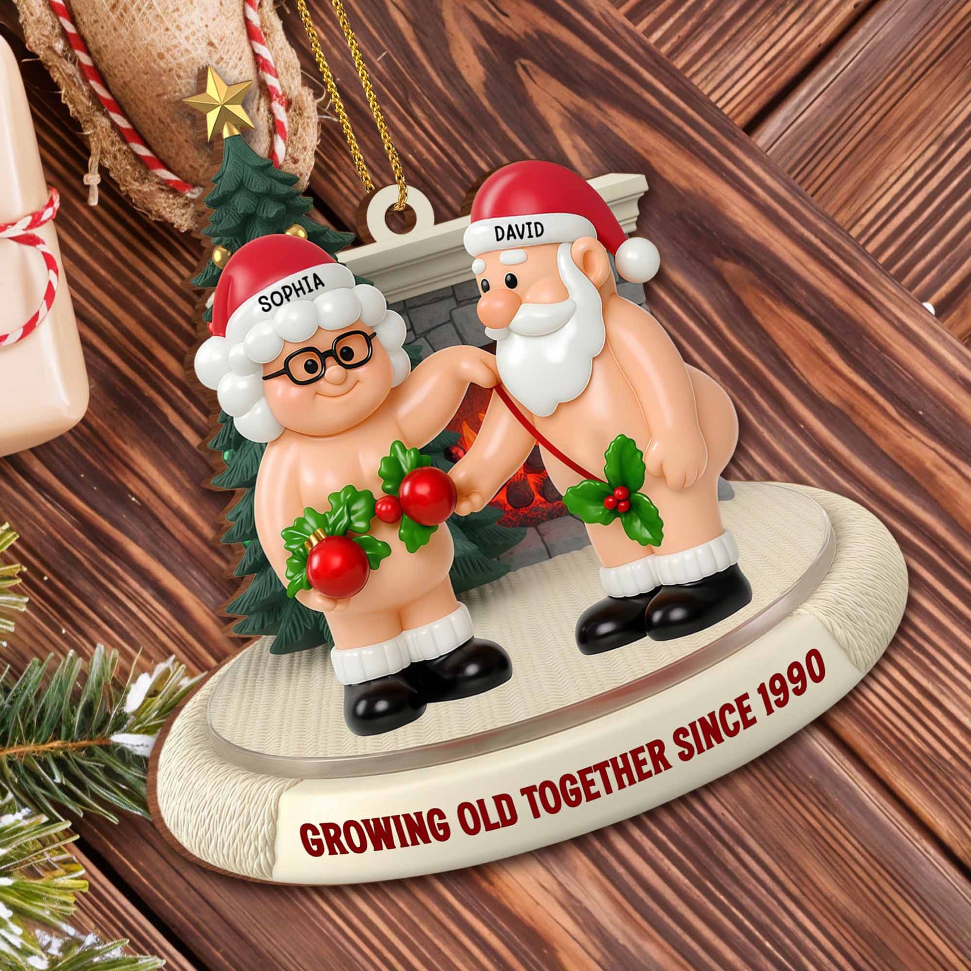 Growing Old Together Santa Claus and Holly Ornament