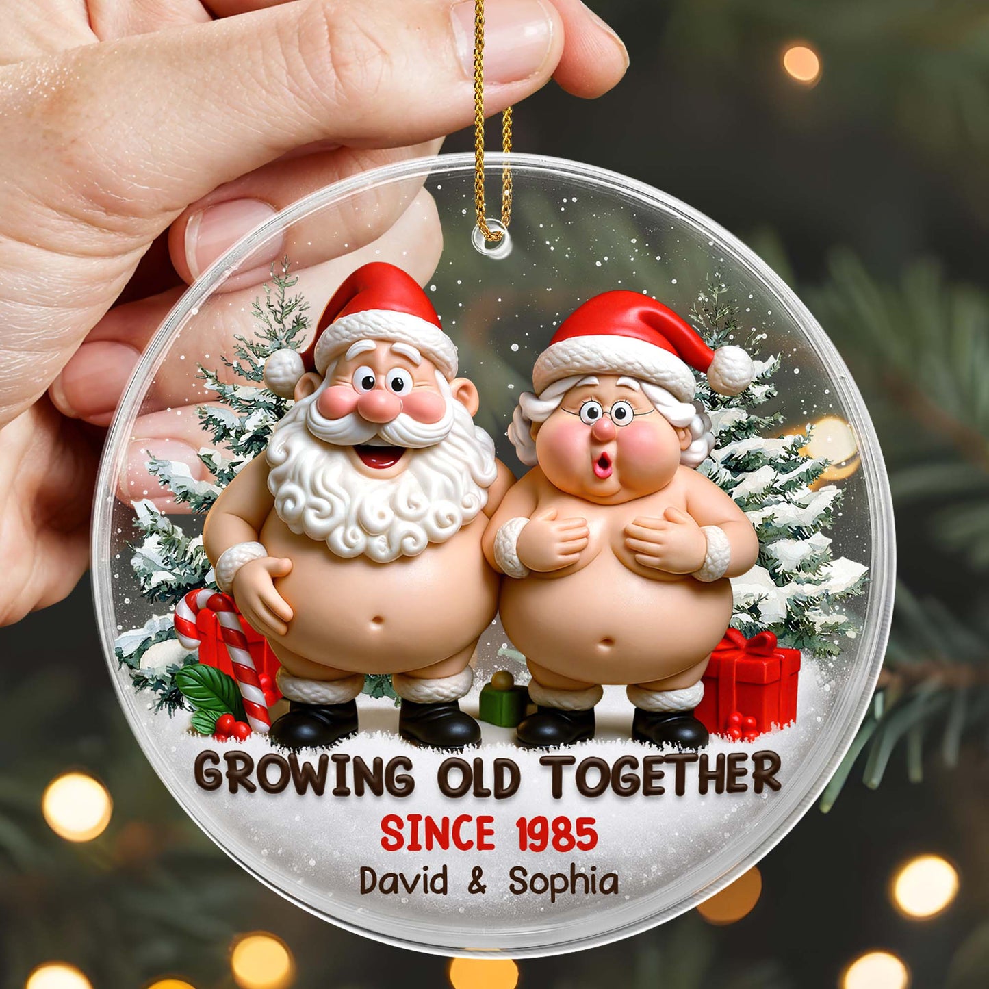 Growing Old Together With Santa Claus Figures And Christmas Trees