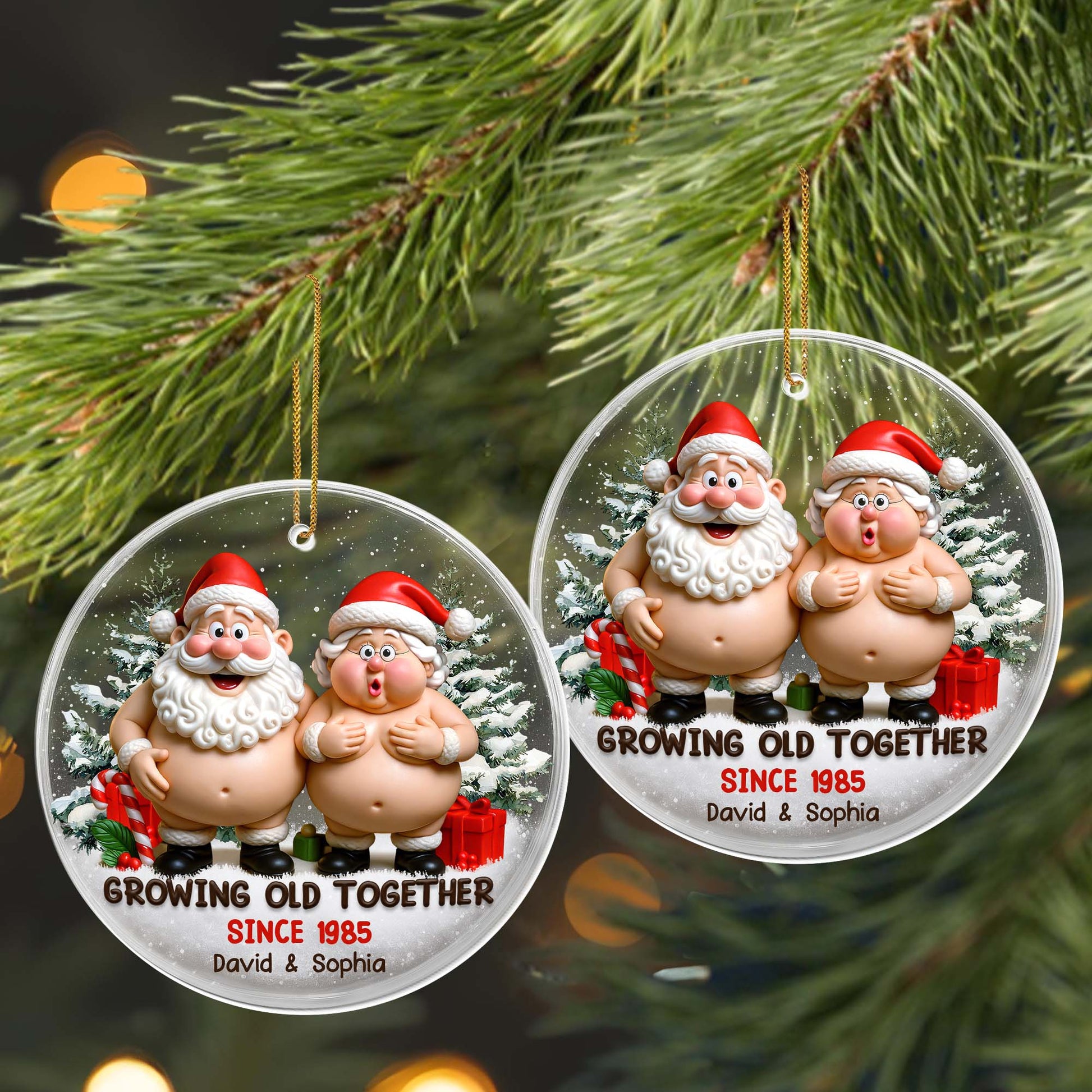 Growing Old Together With Santa Claus Figures And Christmas Trees