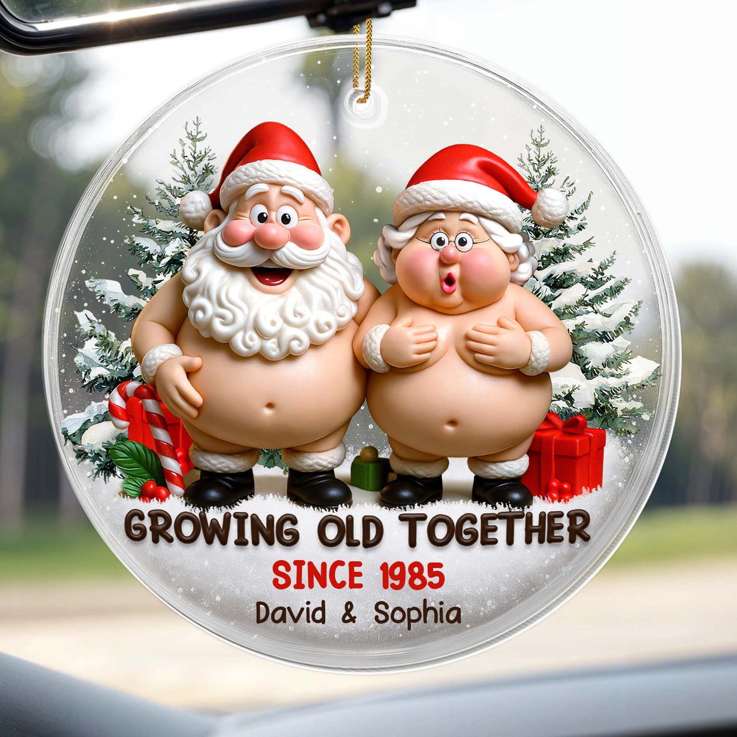Growing Old Together With Santa Claus Figures And Christmas Trees
