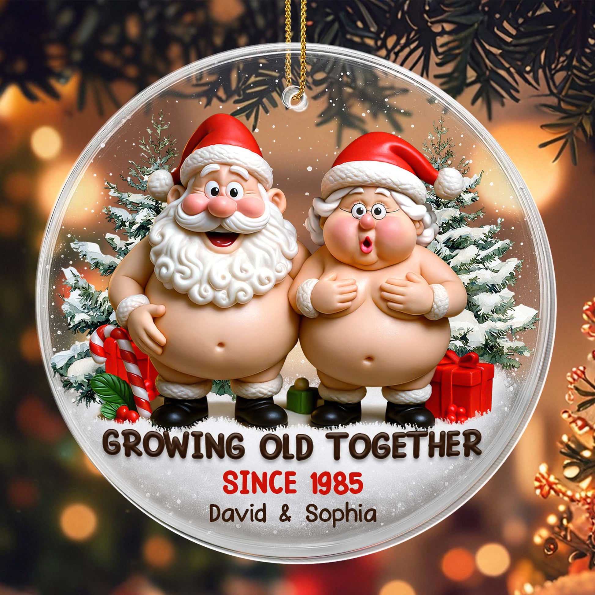 Growing Old Together With Santa Claus Figures And Christmas Trees