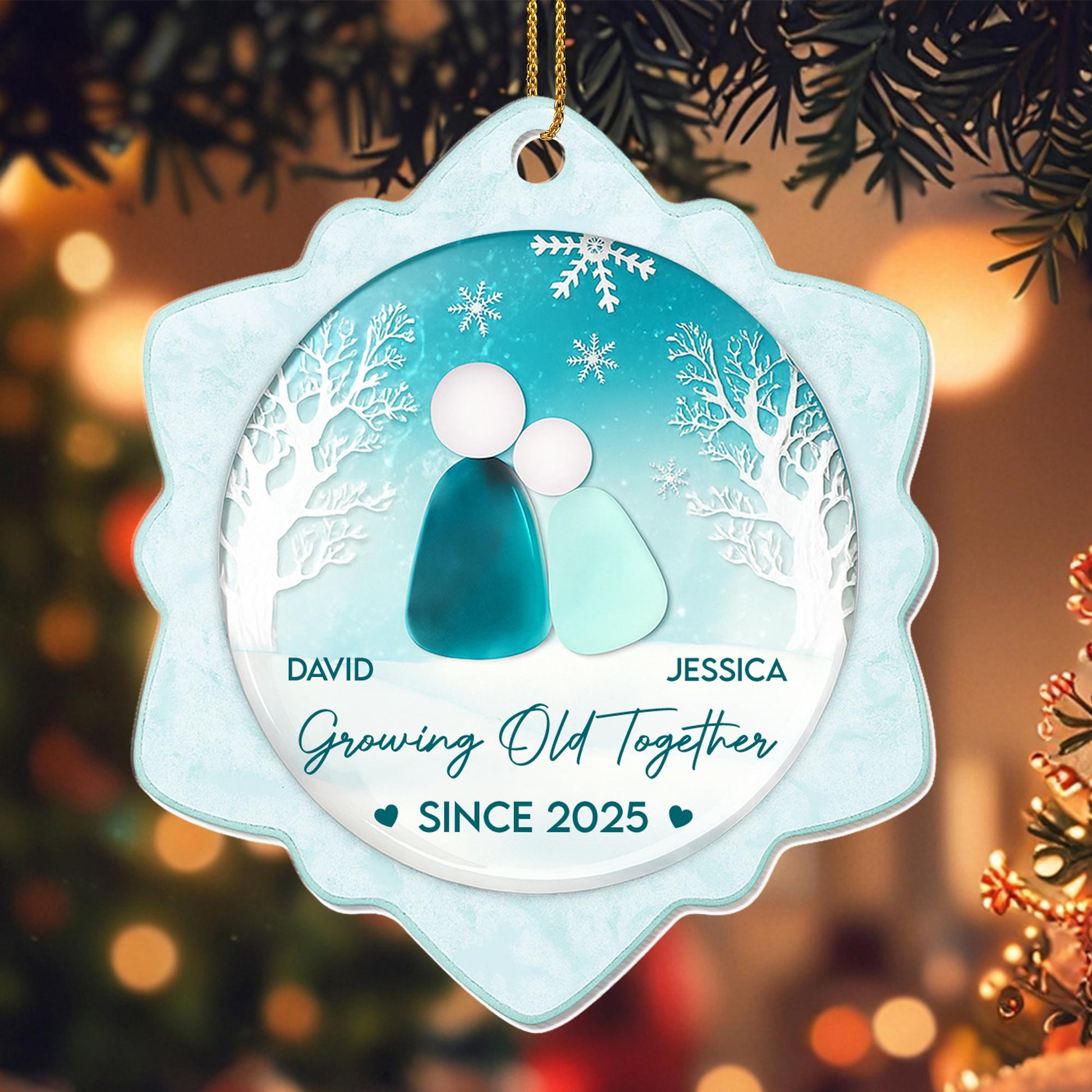 Growing Old Together, Couple Silhouette And Snowflakes