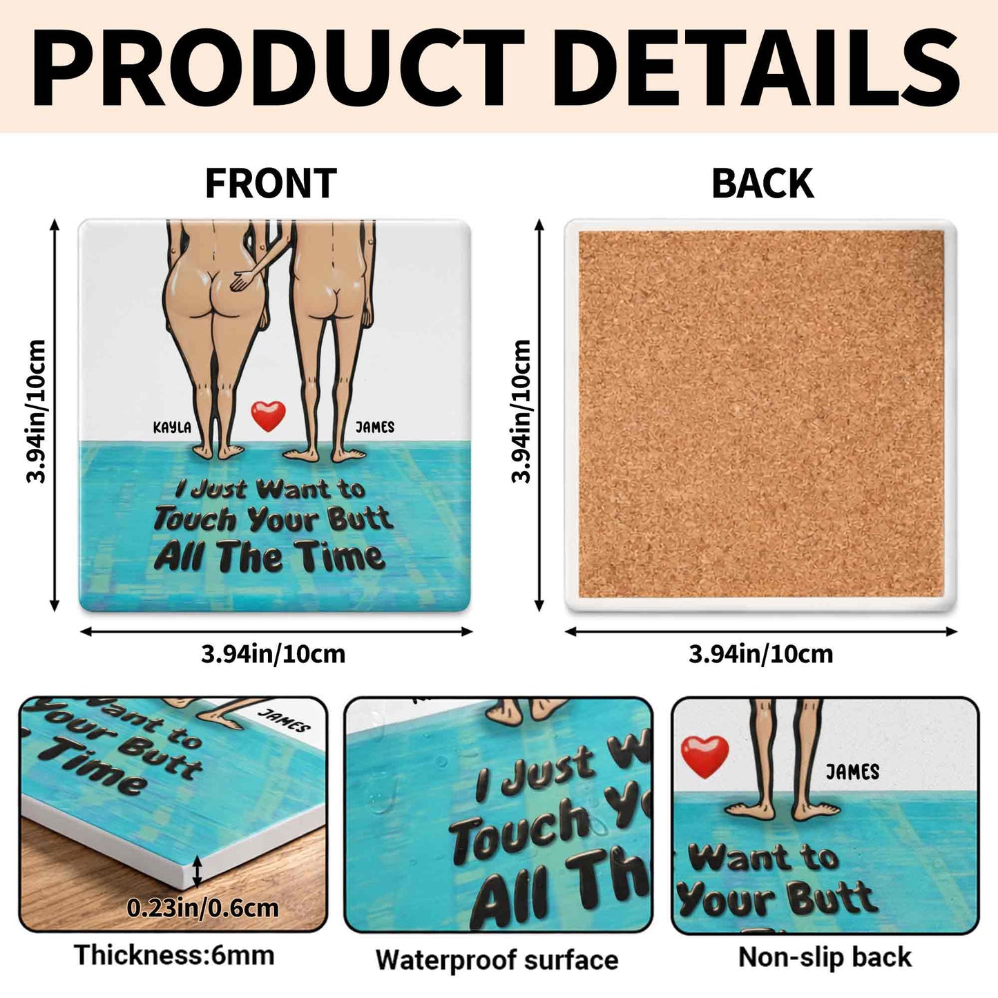 I Just Want To Touch Your Butt Couple And Heart Design - Personalized Custom Ceramic Coaster, Square Shape - CPL948_SOCO