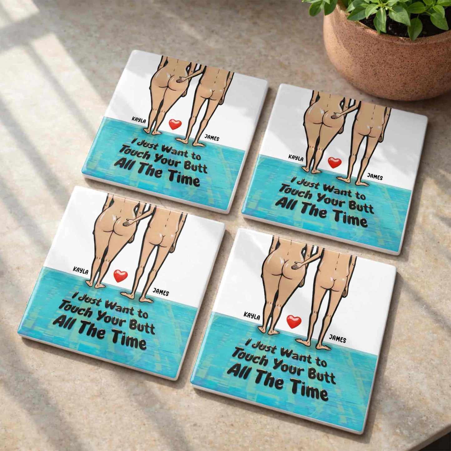 I Just Want To Touch Your Butt Couple And Heart Design - Personalized Custom Ceramic Coaster, Square Shape - CPL948_SOCO