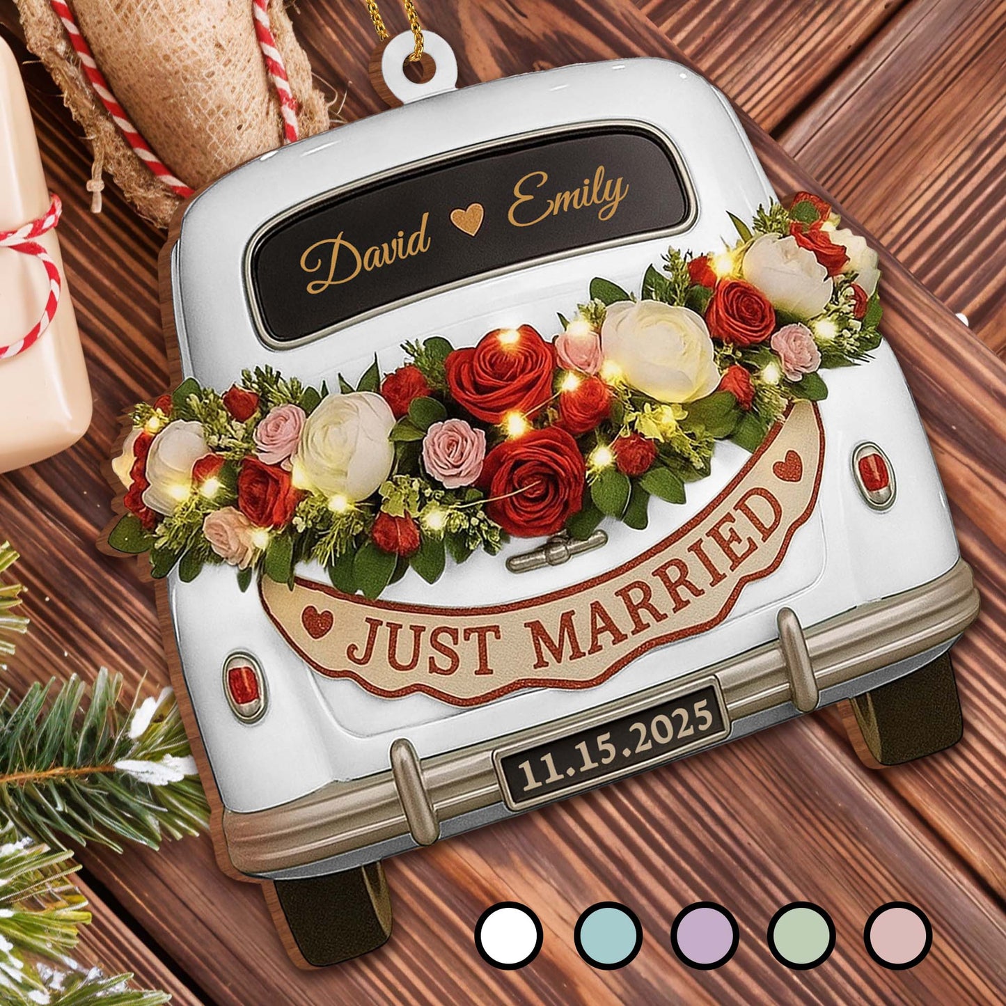 Just Married, Vintage Car With Flower Wreath