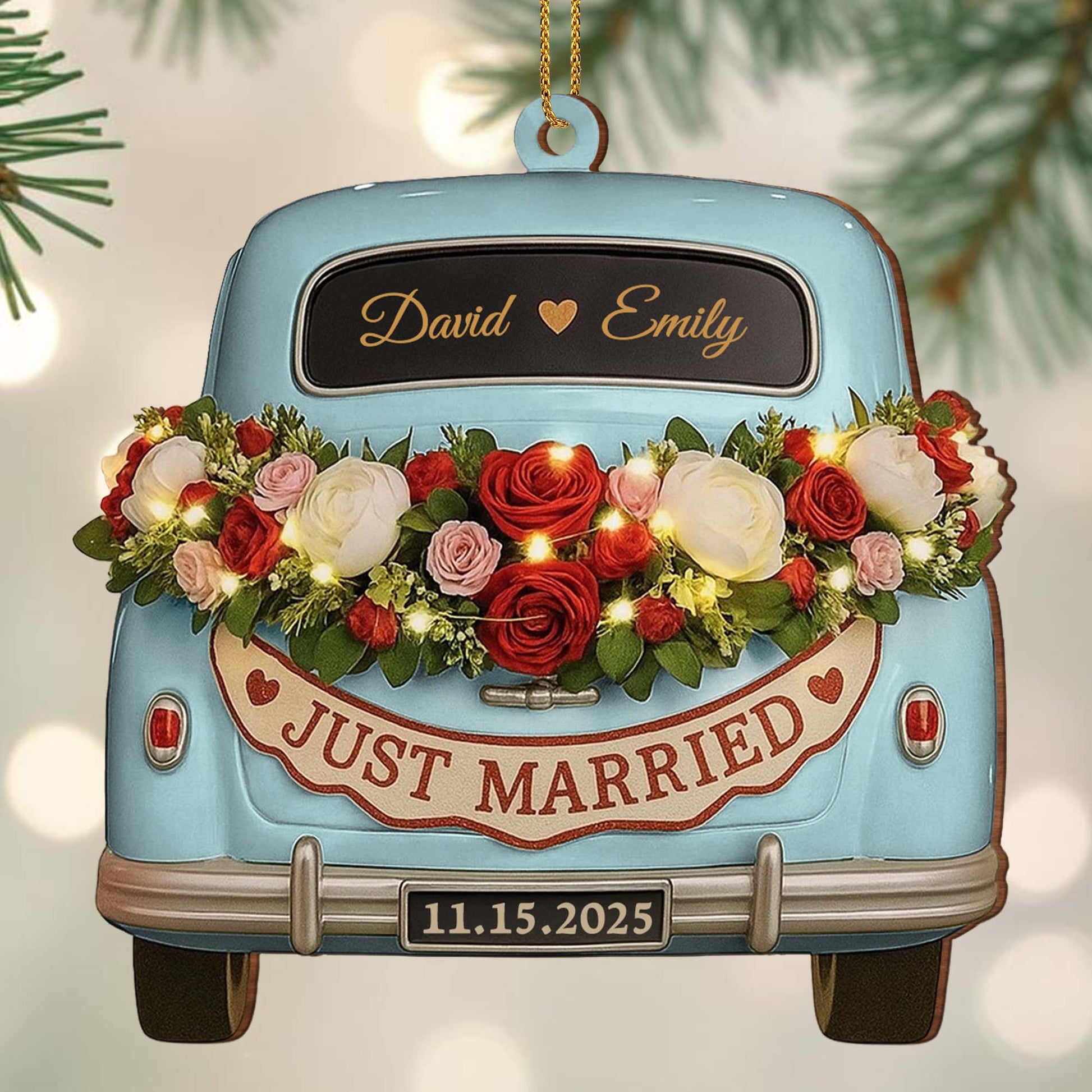 Just Married, Vintage Car With Flower Wreath