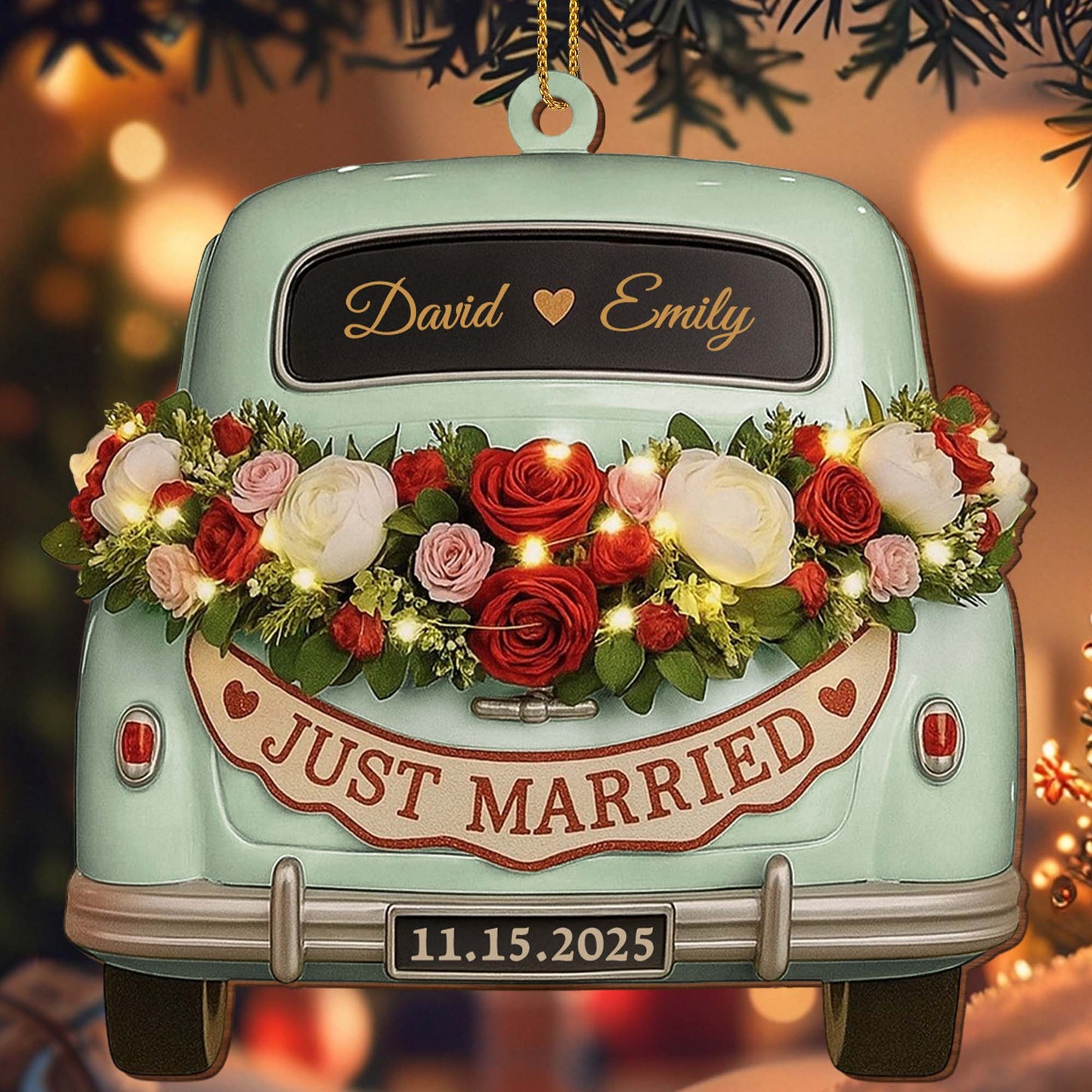 Just Married, Vintage Car With Flower Wreath