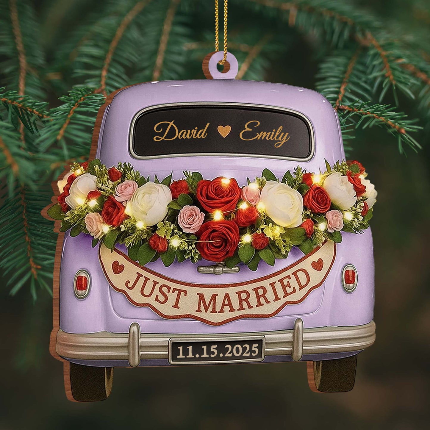 Just Married, Vintage Car With Flower Wreath