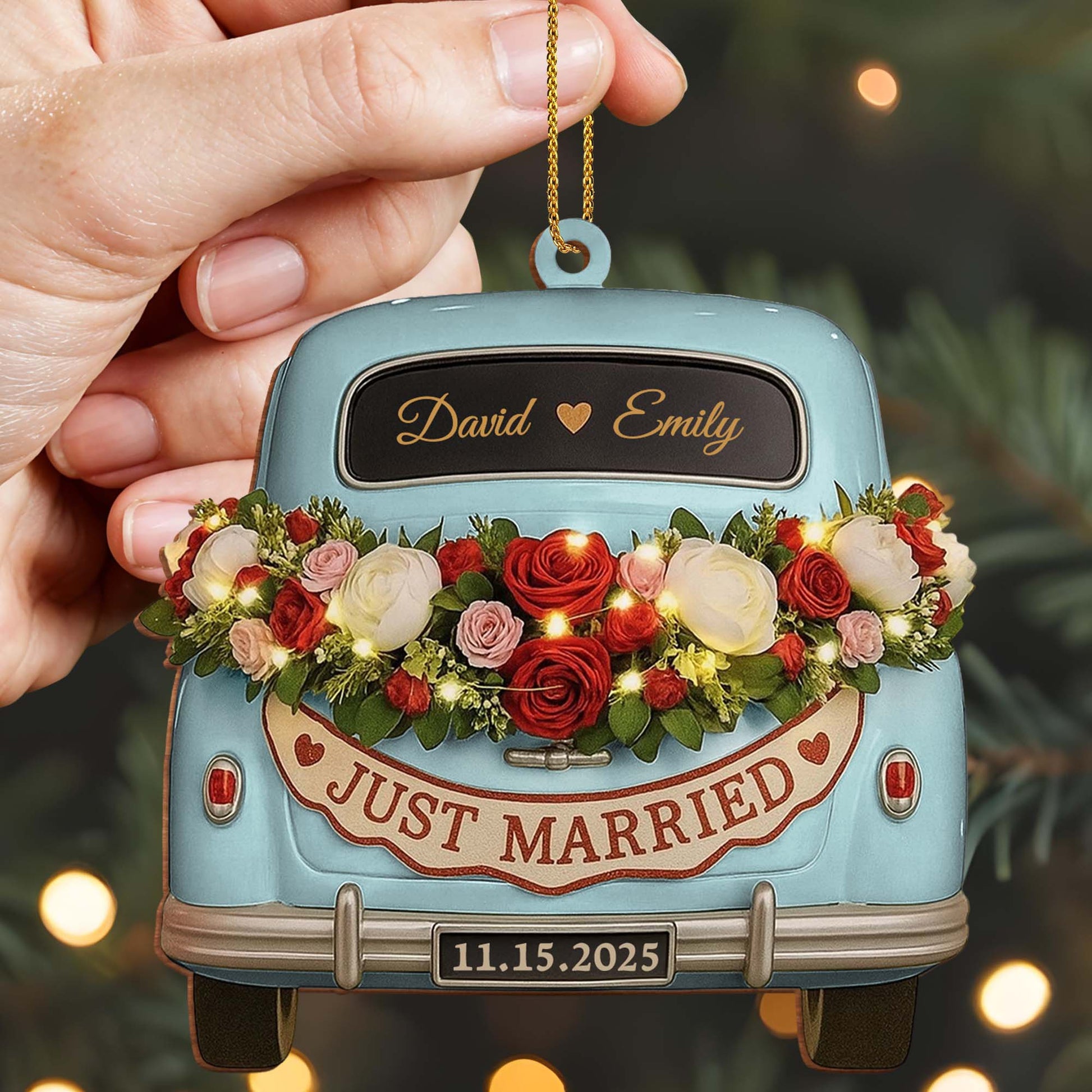 Just Married, Vintage Car With Flower Wreath