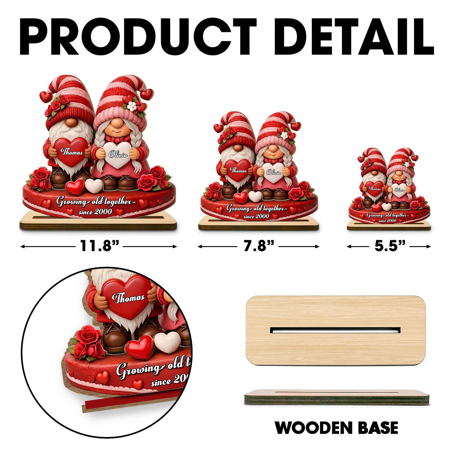 Growing Old Together, Gnomes With Hearts And Roses - Personalized Custom 2-Layer Wood Plaque With Flat Base - CPL979_WPLA