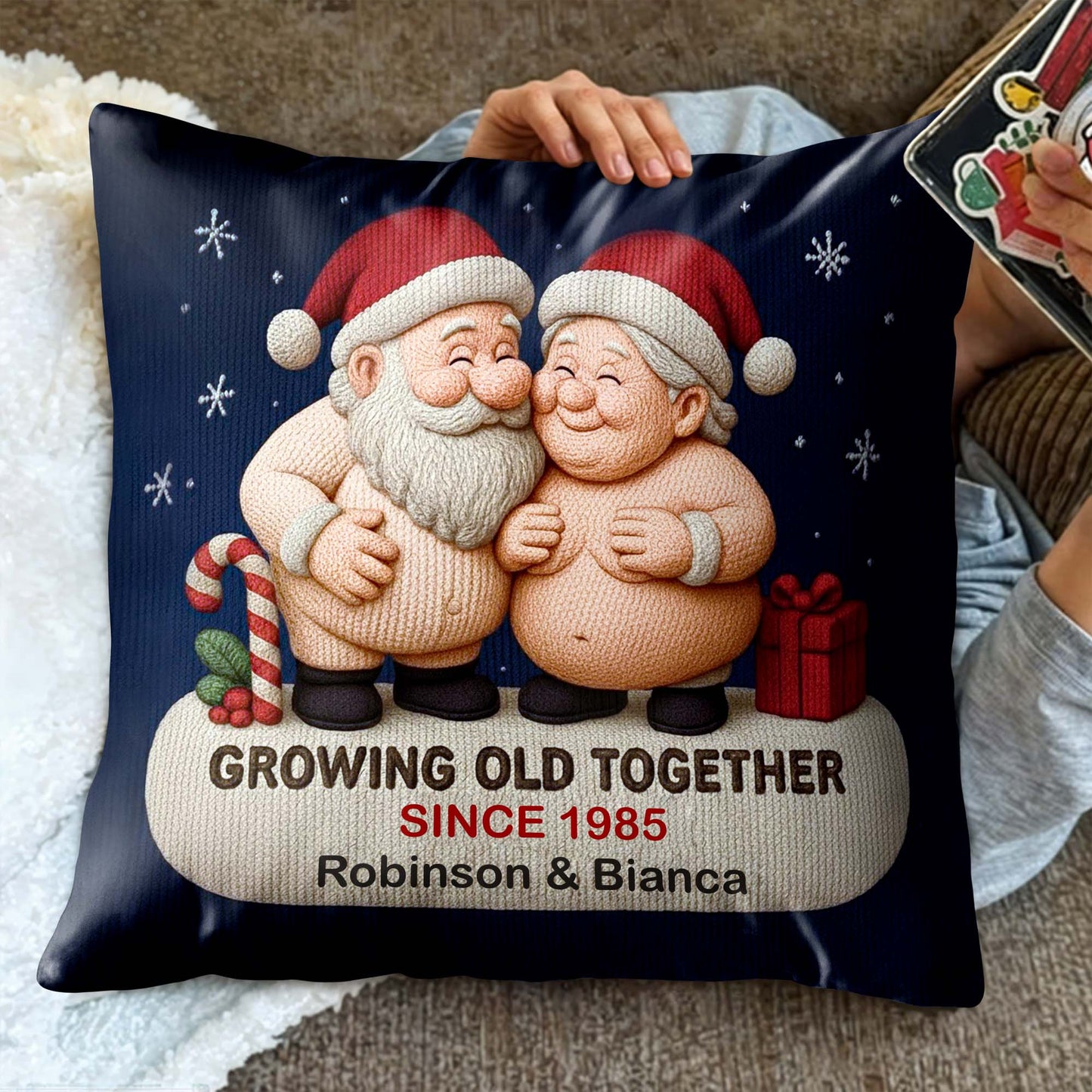 Growing Old Together, Two Santa Clauses Embrace