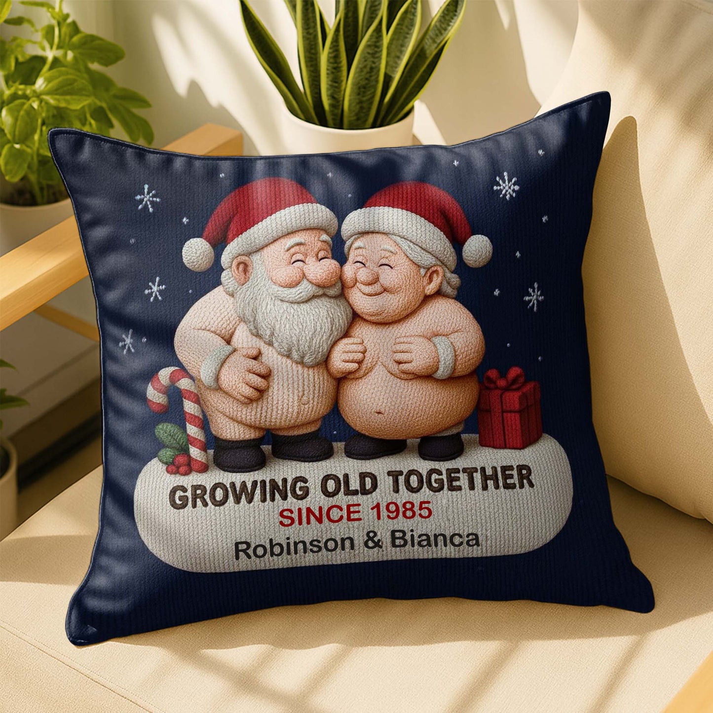 Growing Old Together, Two Santa Clauses Embrace