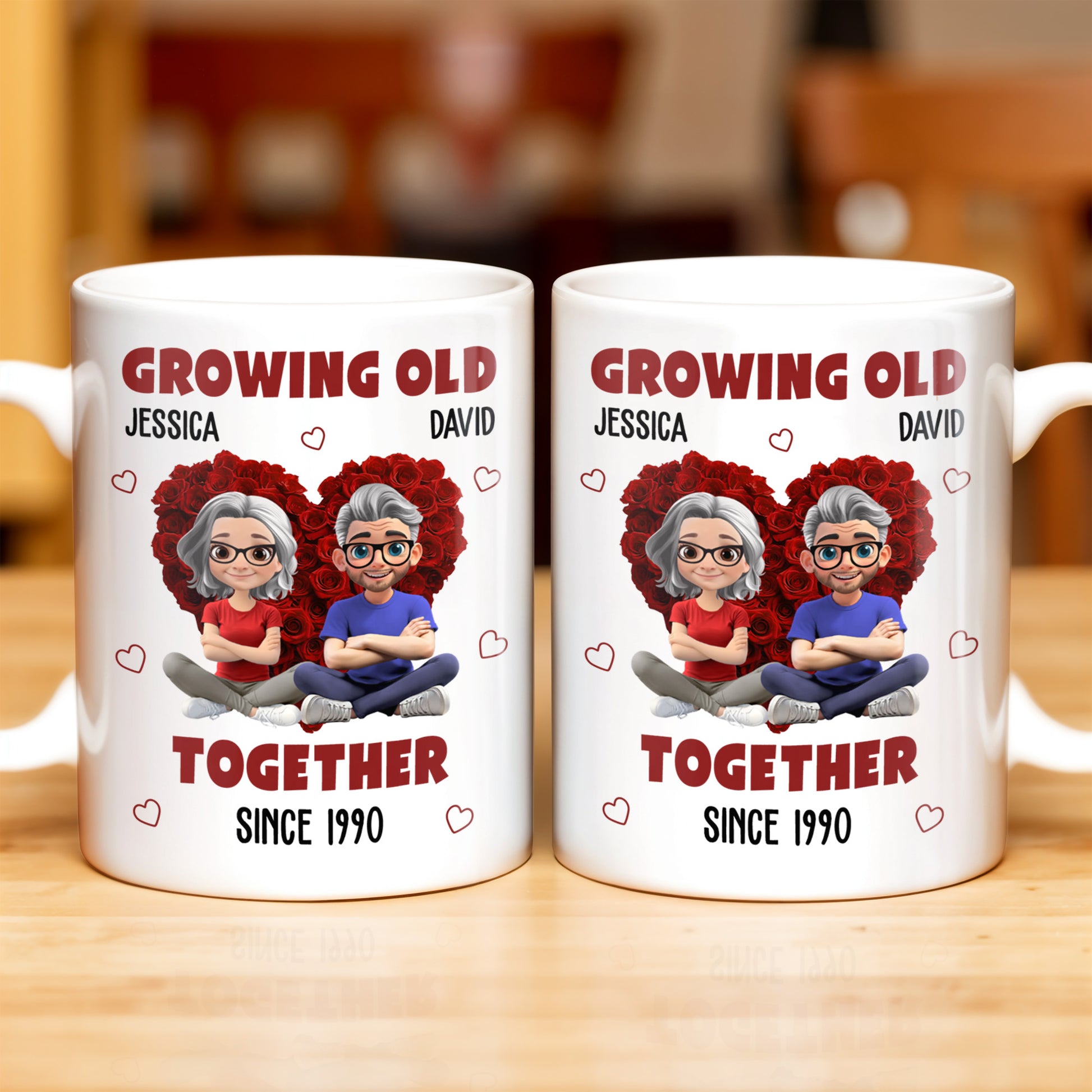 Growing Old Together Hearts and Cartoon Couple Design