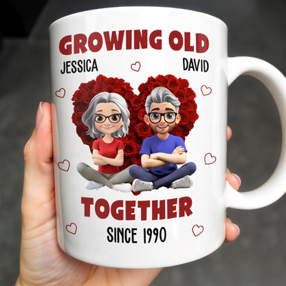 Growing Old Together Hearts and Cartoon Couple Design