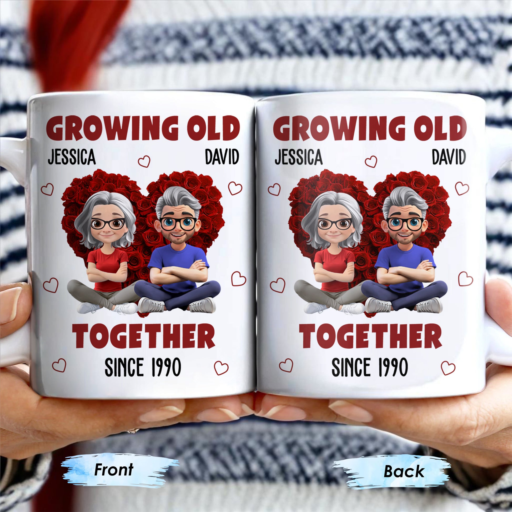 Growing Old Together Hearts and Cartoon Couple Design