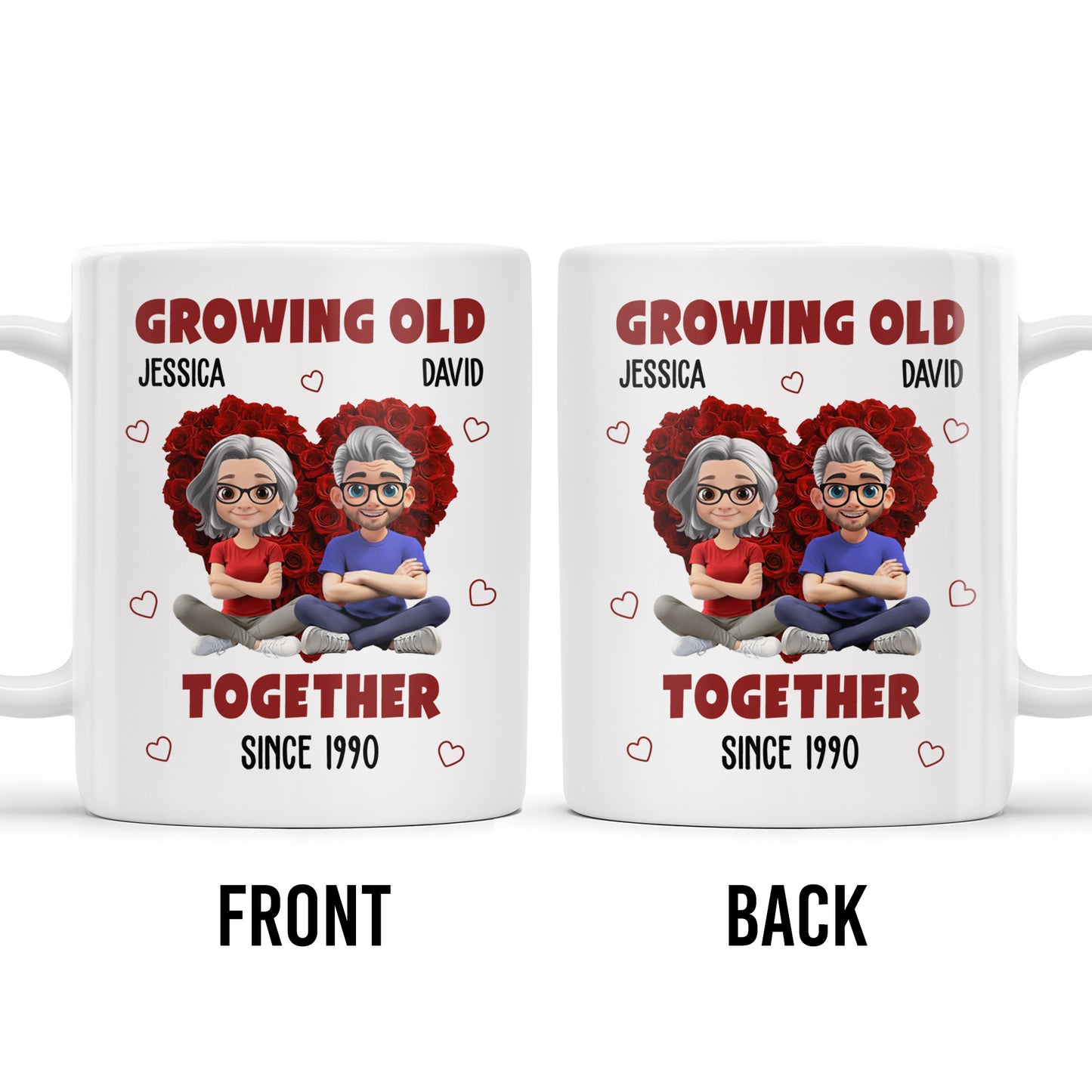 Growing Old Together Hearts and Cartoon Couple Design