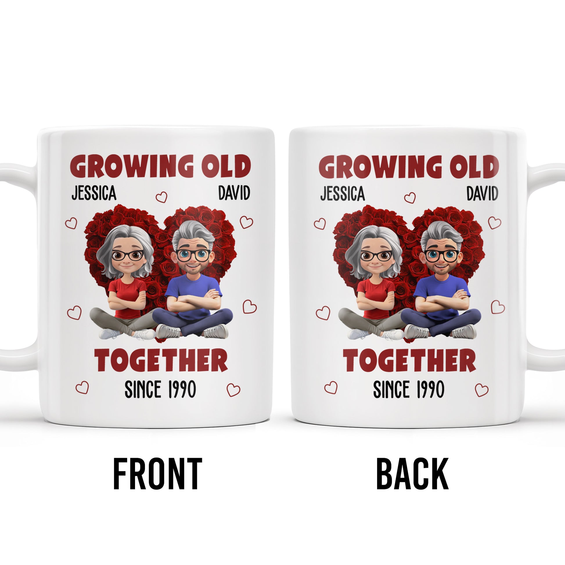 Growing Old Together Hearts and Cartoon Couple Design