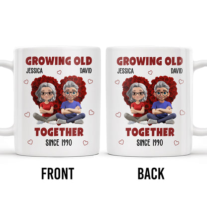 Growing Old Together Hearts and Cartoon Couple Design
