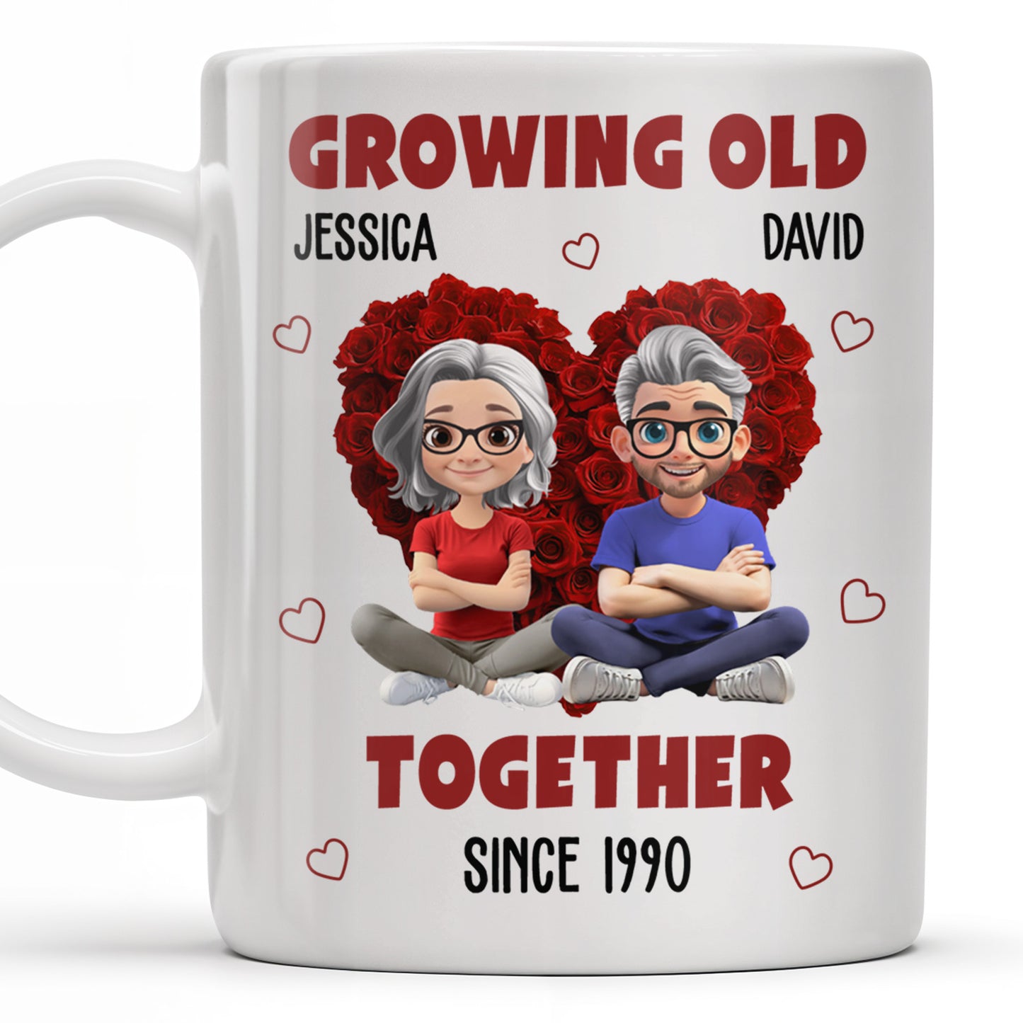 Growing Old Together Hearts and Cartoon Couple Design