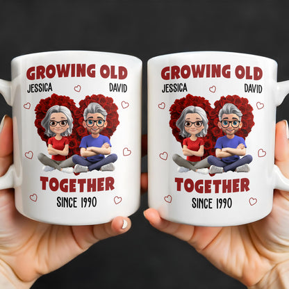 Growing Old Together Hearts and Cartoon Couple Design
