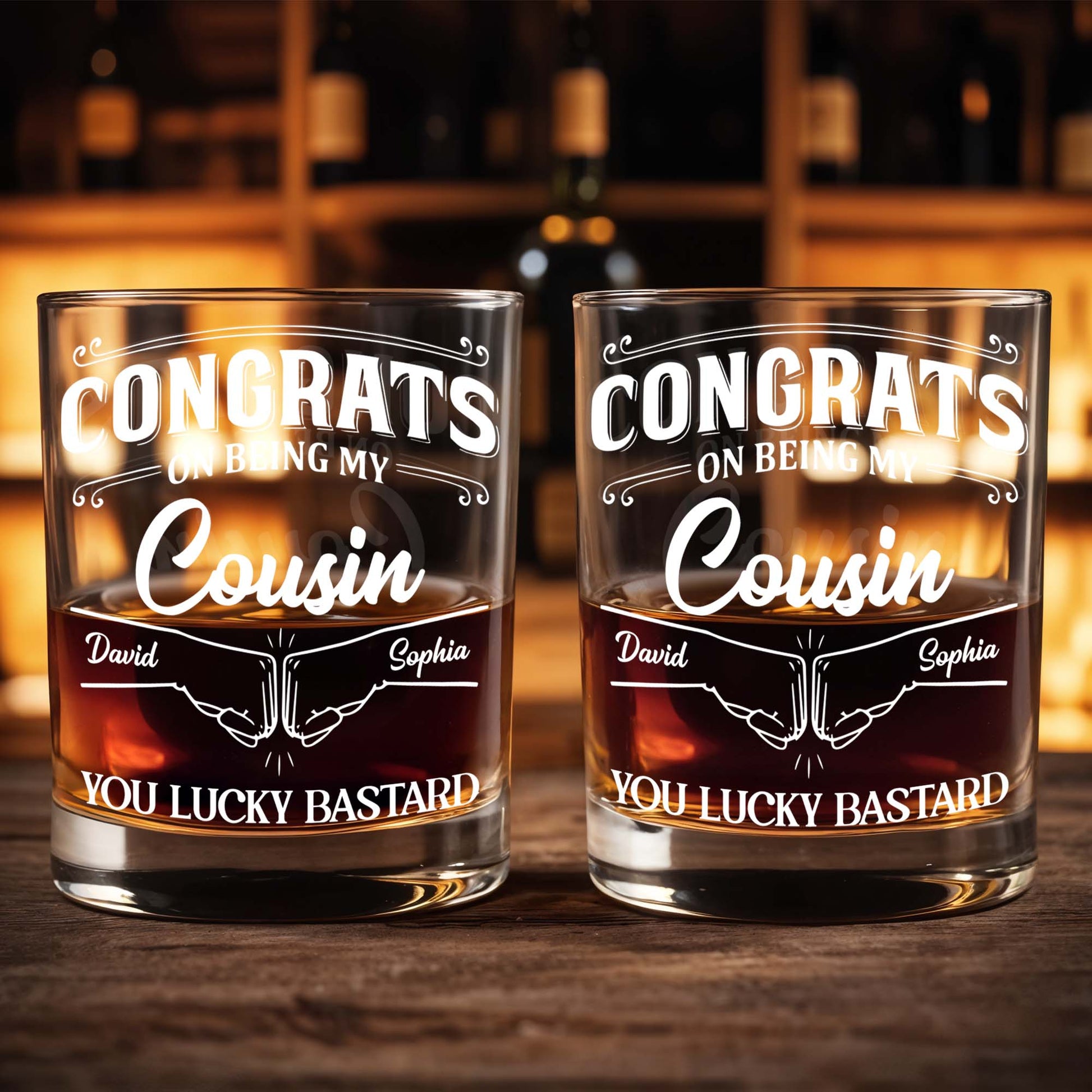 Congrats On Being My Cousin, Whiskey Glass With Hands Shaking Design