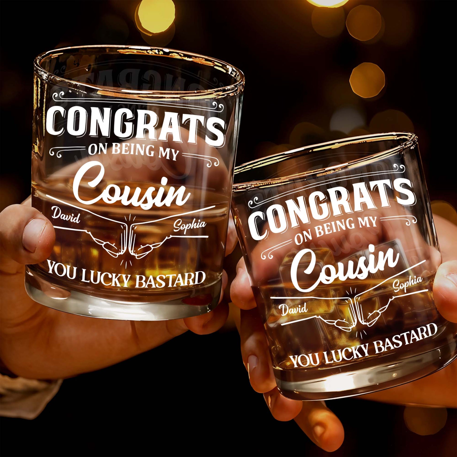 Congrats On Being My Cousin, Whiskey Glass With Hands Shaking Design