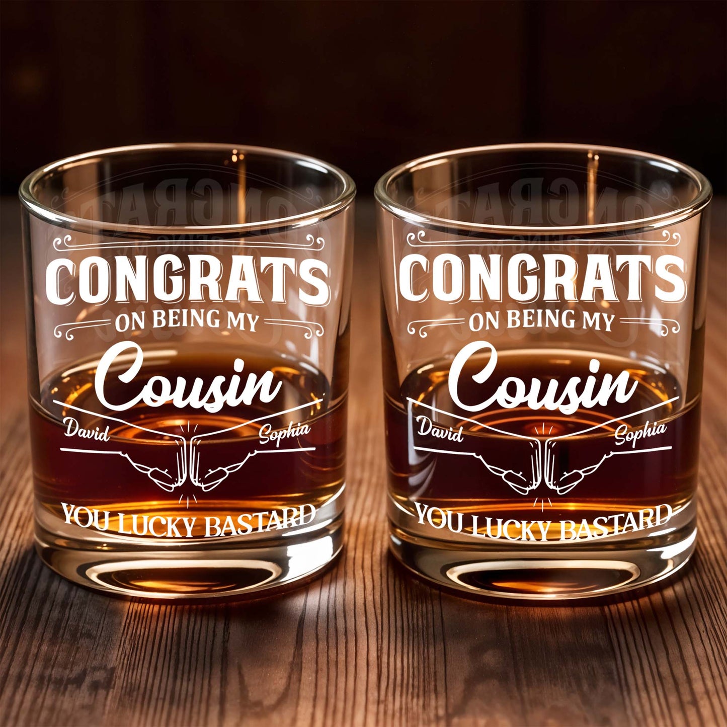 Congrats On Being My Cousin, Whiskey Glass With Hands Shaking Design