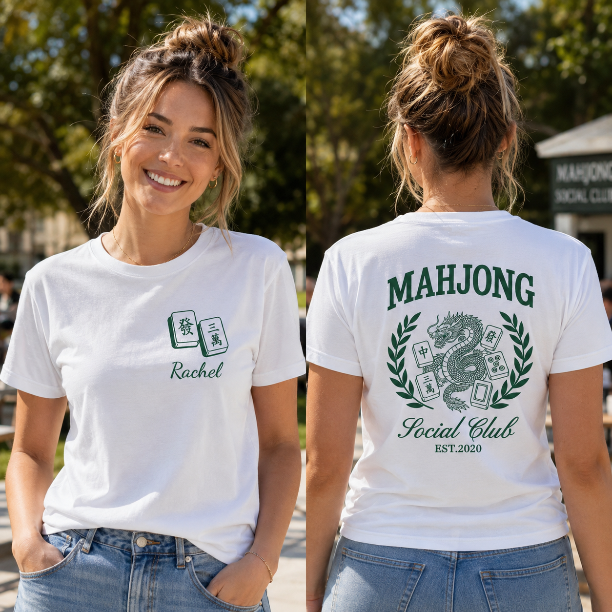 Mahjong Social Club Dragon And Tiles Custom T-Shirt - Personalized Custom T-Shirt Font and Back - HOB251_WFBAS