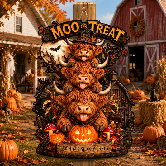 Lick Or Treat Our Spooky Farm Highland Cows And Pumpkins - Personalized Custom Shaped Wood Sign - FARM175_WSIGN