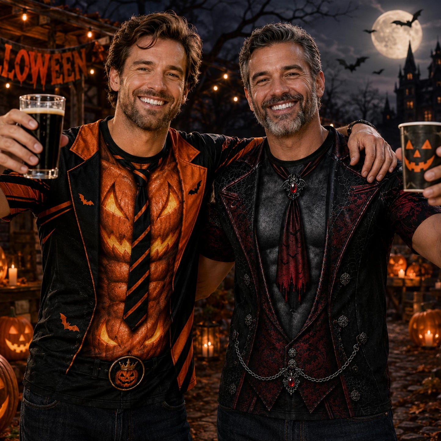 Stay Pumped Jack O Lantern Suit With Muscle Abs And Bats - Personalized Custom Unisex All-Over Printed T-Shirt - HALW149_3T