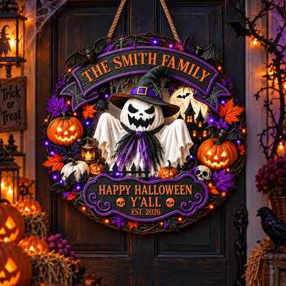 The Family Happy Halloween Y'all Ghost Pumpkin And Bats Wreath - Personalized Custom Shaped Wood Sign - HALW222_WSIGN
