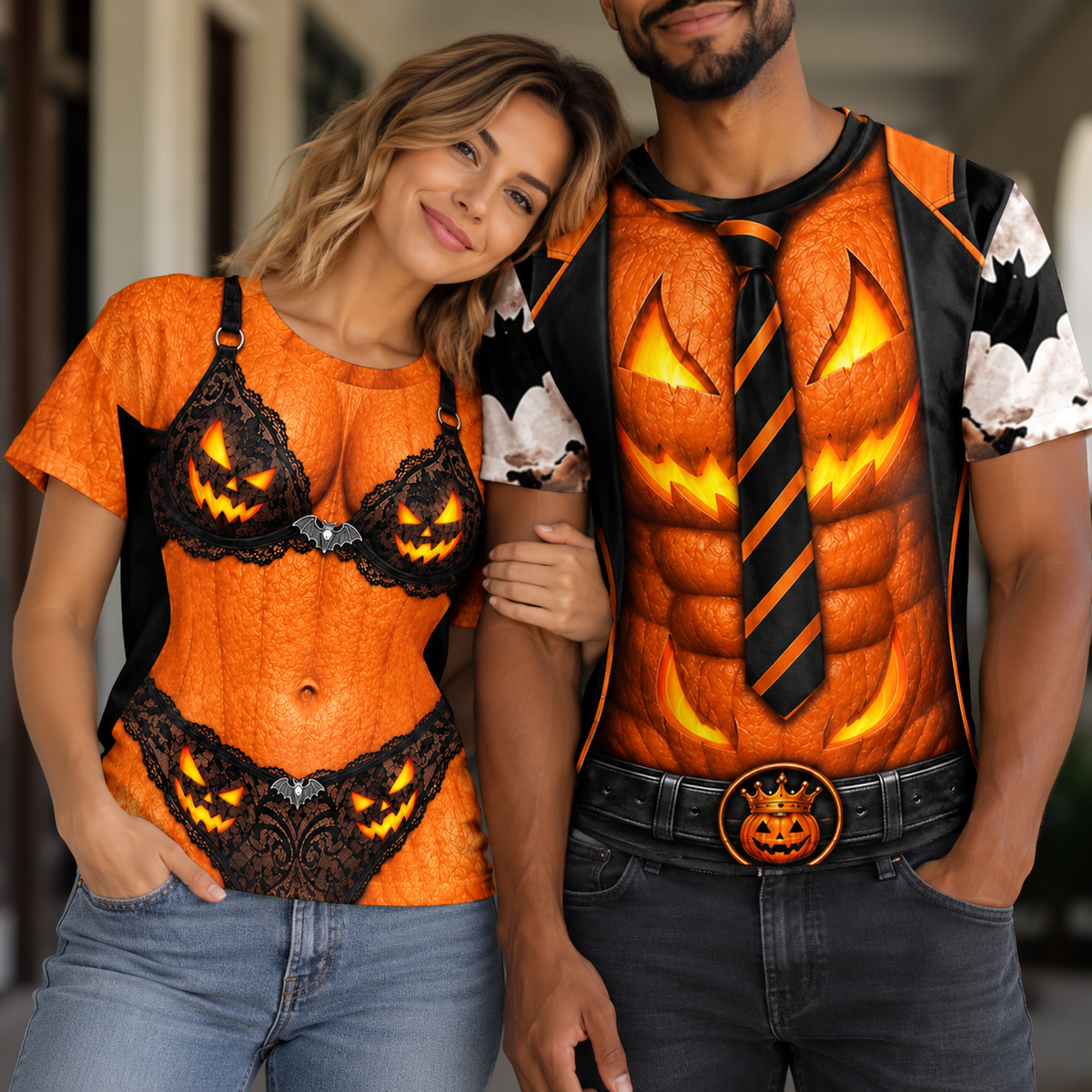 Spooky And Strong Pumpkin Muscle Suit With Jack O Lantern And Tie - Personalized Custom Unisex All-Over Printed T-Shirt - CPL2113_3T