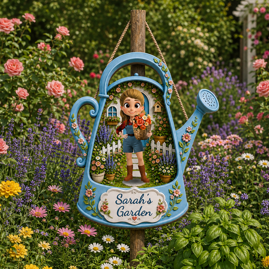 My Garden Watering Can Personalized Sign With Flowers And Girl - Personalized Custom Shaped Wood Sign - GAR125_WSIGN
