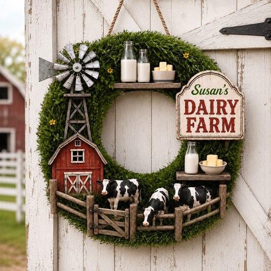 Dairy Farm With Red Barn And Holstein Cows - Personalized Custom Shaped Wood Sign - FARM171_WSIGN