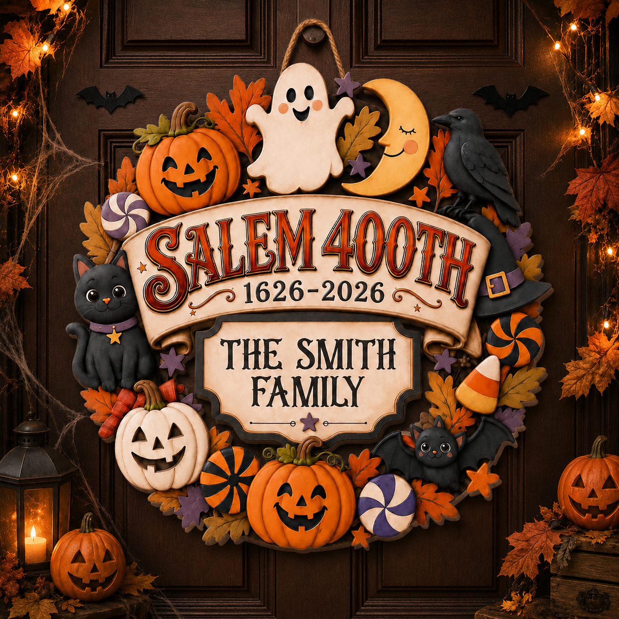 Salem 400th Anniversary Custom Family Name Pumpkin Ghost Cat Halloween Decor - Personalized Custom Shaped Wood Sign - HALW148_WSIGN