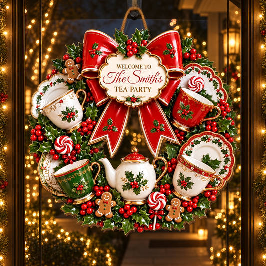 Welcome To Our Tea Party Christmas Wreath With Teacups And Teapot - Personalized Custom Shaped Wood Sign - XMAS340_WSIGN