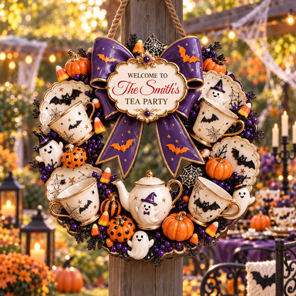 Welcome To Our Tea Party Ghost Teapot And Pumpkin Wreath - Personalized Custom Shaped Wood Sign - HALW212_WSIGN