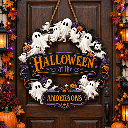 Halloween At The Our Family Ghosts And Pumpkins Wreath - Personalized Custom Shaped Wood Sign - HALW201_WSIGN