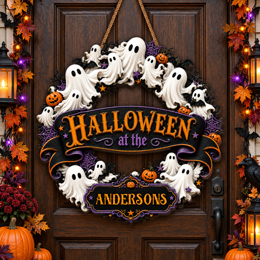 Halloween At The Our Family Ghosts And Pumpkins Wreath - Personalized Custom Shaped Wood Sign - HALW201_WSIGN