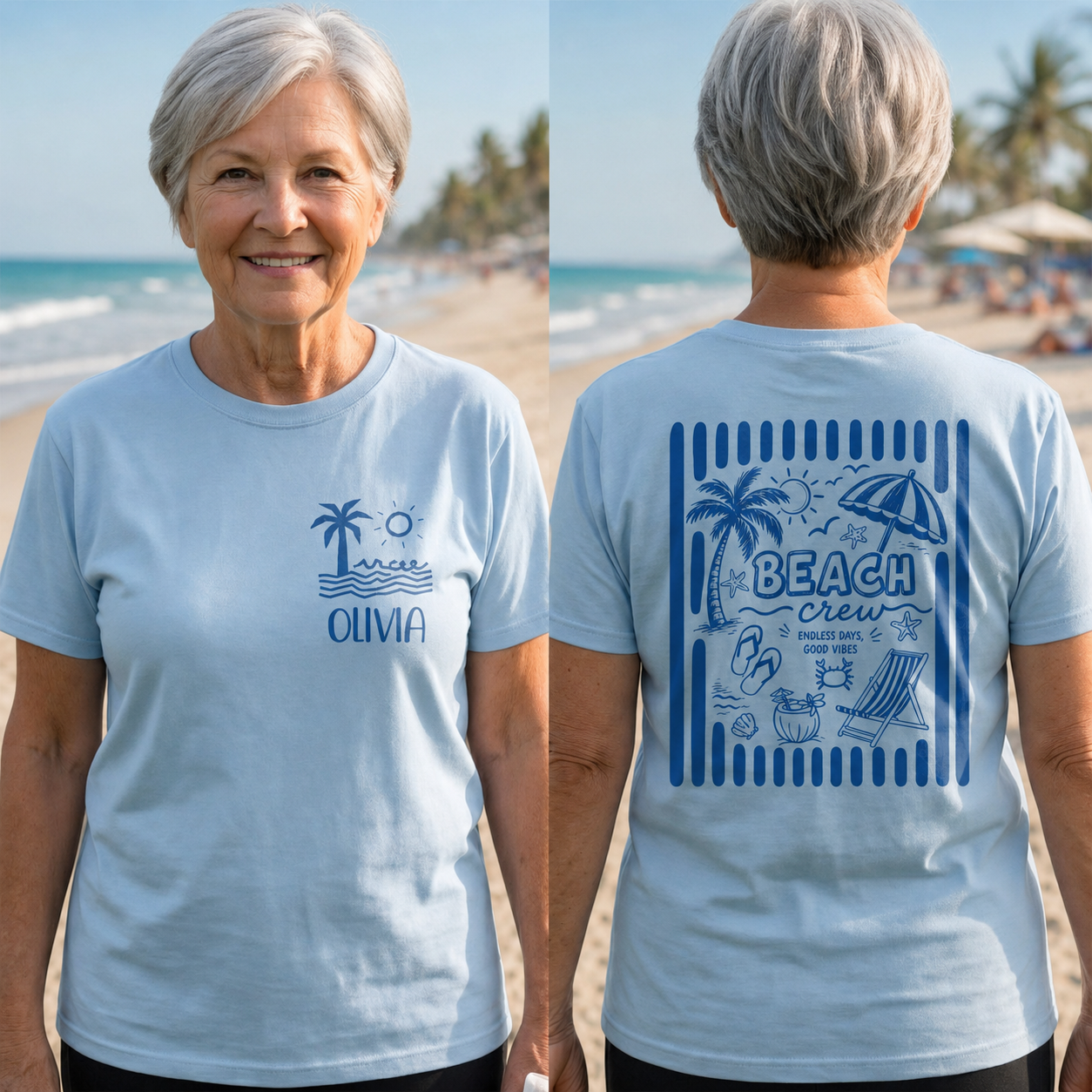 Beach Crew Endless Days Good Vibes Palm Tree And Sun - Personalized Custom T-Shirt Font and Back - FAM906_WFBAS